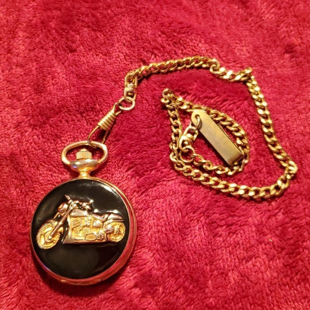 Milan Motorcycle Black & Gold Enameled Pocketwatch Watch with Chain & Clip